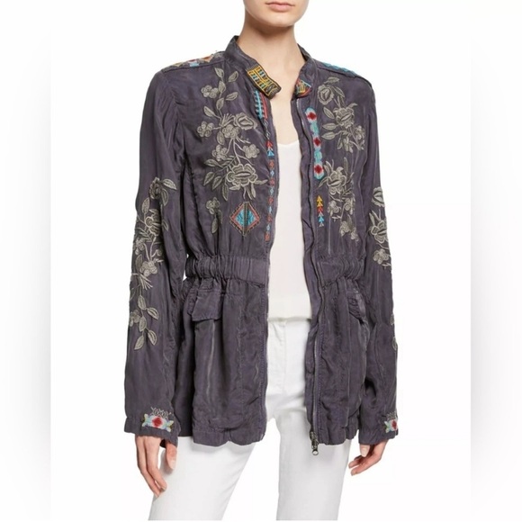 JOHNNY WAS Milton Embroidered Zip-Front Jacket Medium Floral Aztec Tribal Grey - Picture 1 of 8